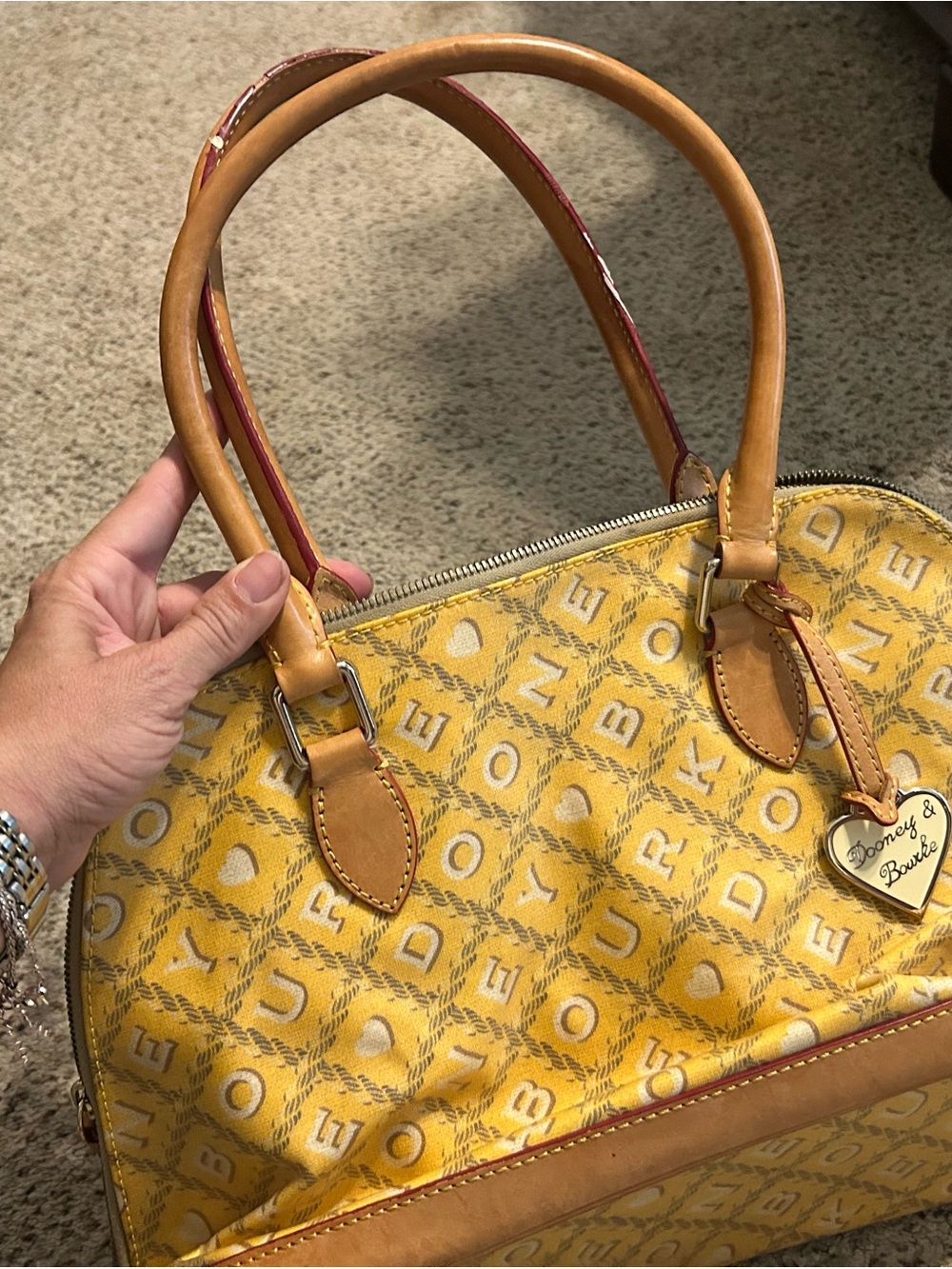 Vintage Dooney & Bourke Yellow Signature Logo Satchel with Tan Leather Trim